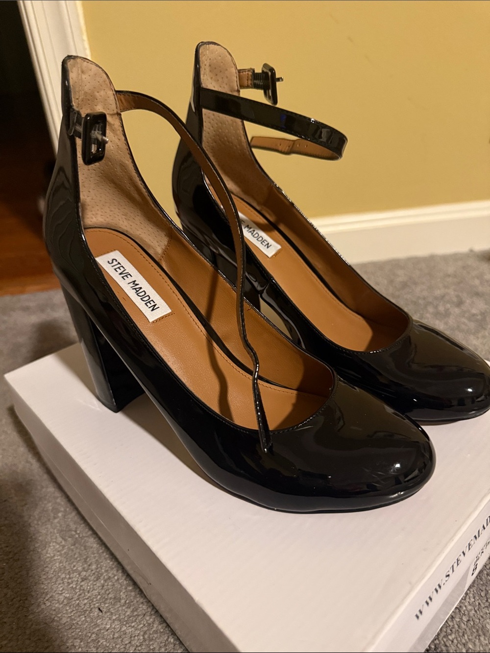Steve Madden Black Patent Ankle-Strap Block Heels